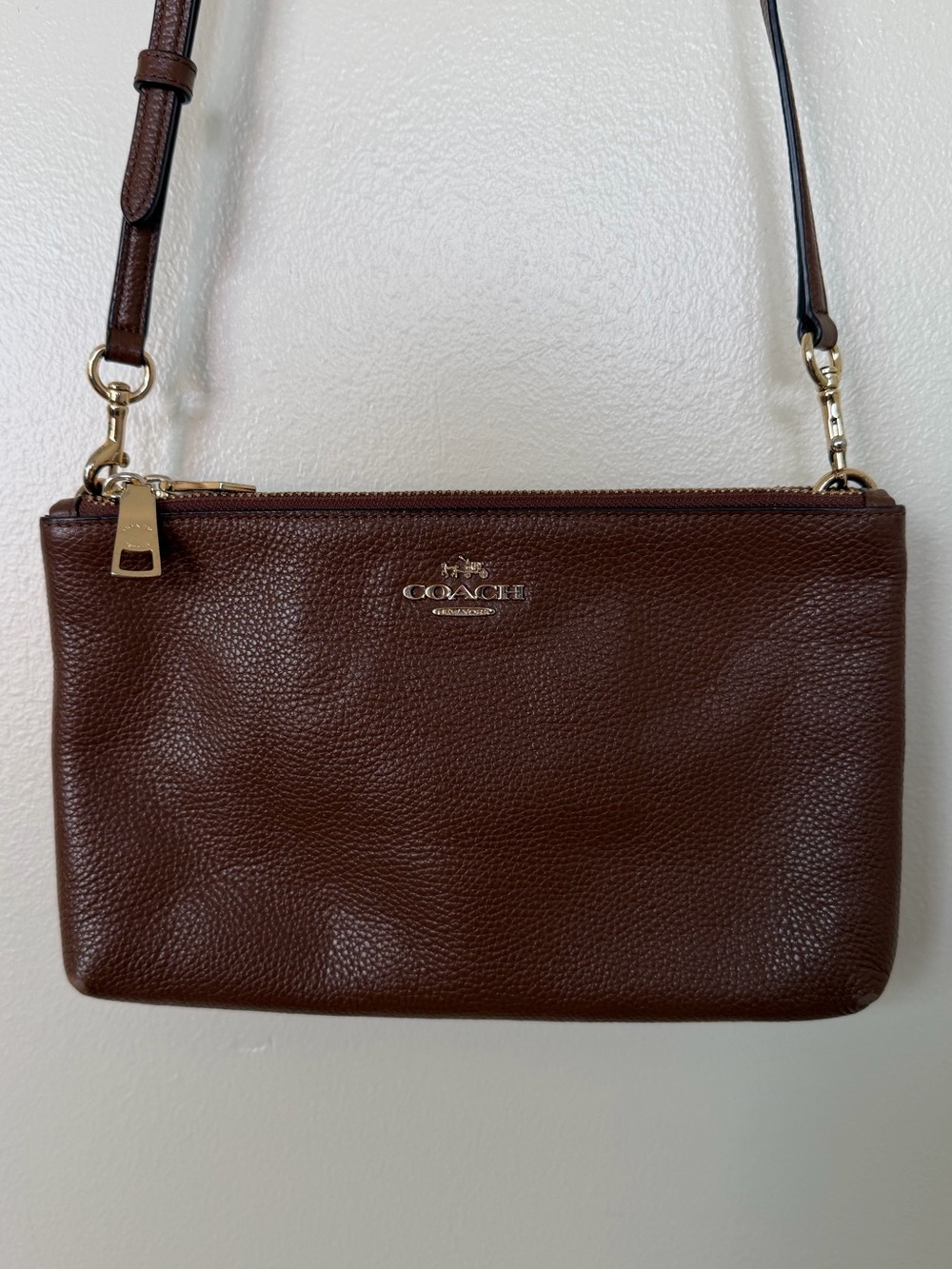 COACH Lyla Double Zip Crossbody Saddle Brown Pebbled Leather Purse